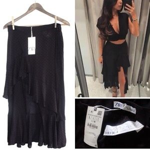 Zara Ruffled Polka Dot Maxi Skirt Large NWT